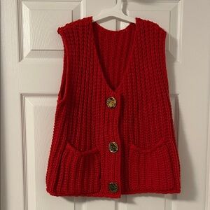 Red Knit Vest with Large Gold Buttons